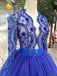 Royal Blue Tulle Long Sleeves Prom Dresses, Quinceanera Dresses DMK8