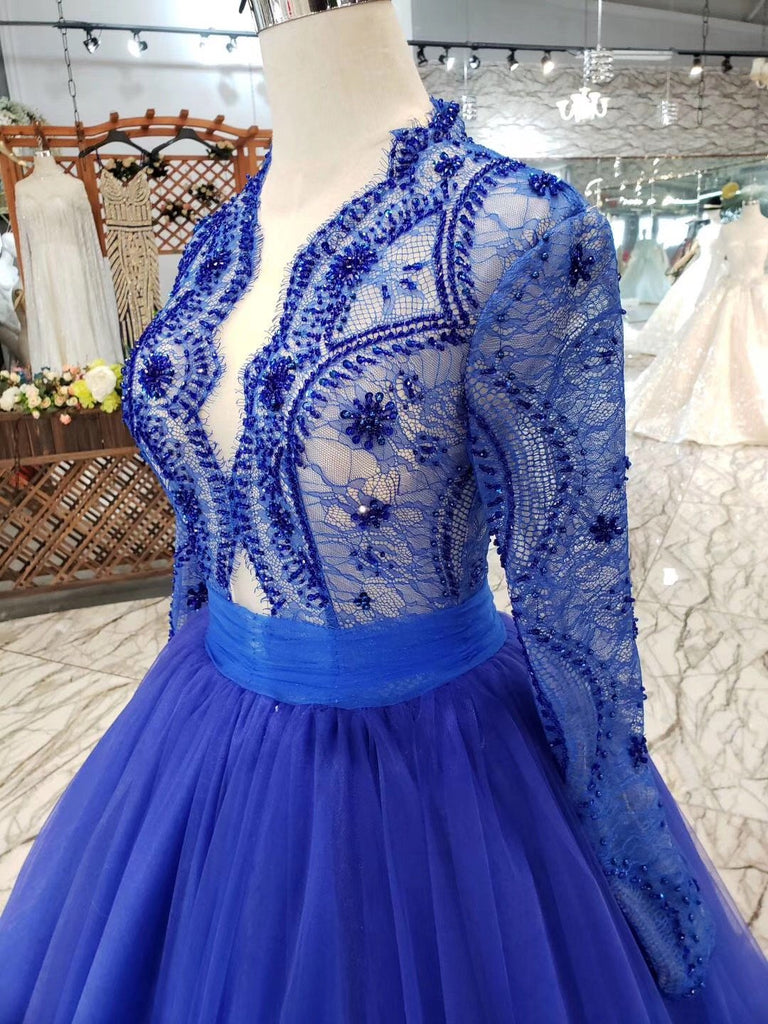 Royal Blue Tulle Long Sleeves Prom Dresses, Quinceanera Dresses DMK8
