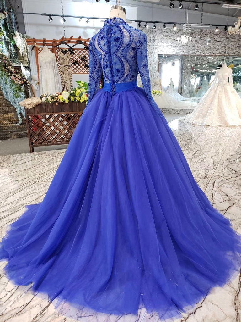 Royal Blue Tulle Long Sleeves Prom Dresses, Quinceanera Dresses DMK8