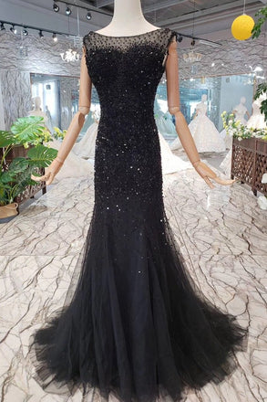 New Arrival Sequins Bodice Prom Dresses Tulle Mermaid Sweep Train DMK11
