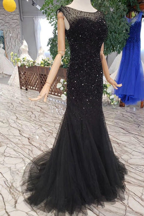 New Arrival Sequins Bodice Prom Dresses Tulle Mermaid Sweep Train DMK11