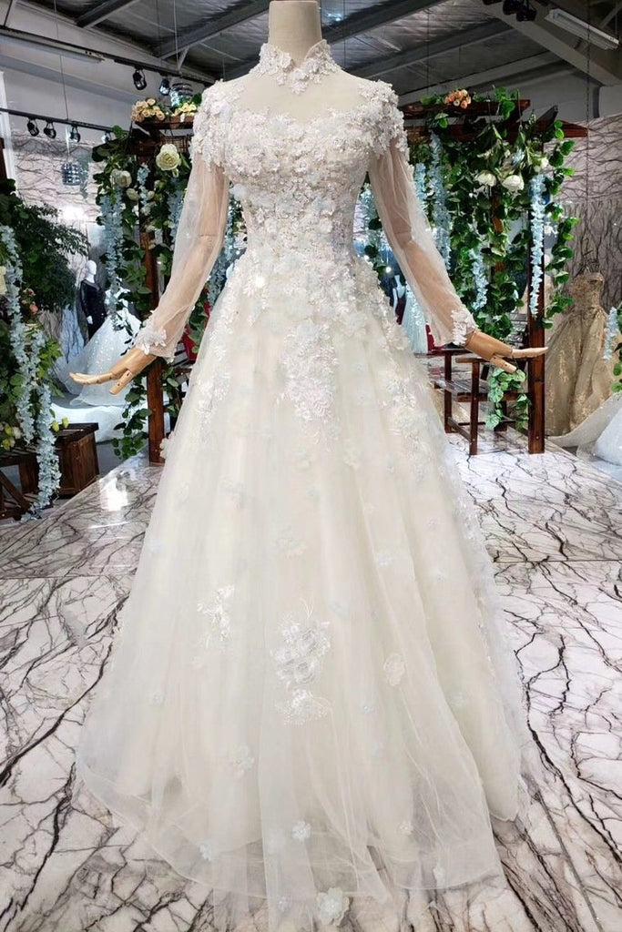 Tulle High Neck Long Sleeves Handmade Flowers Wedding Dresses DMK12