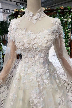 Tulle High Neck Long Sleeves Handmade Flowers Wedding Dresses DMK12