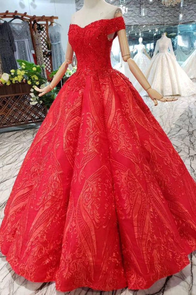 Red Quinceanera Dresses Off The Shoulder Lace Up Back Appliques Beads DMK14