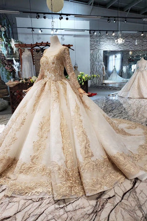 New Arrival Prom Dresses Long Sleeves Ball Gown Scoop With Applique Beads Lace Up Back DMK16