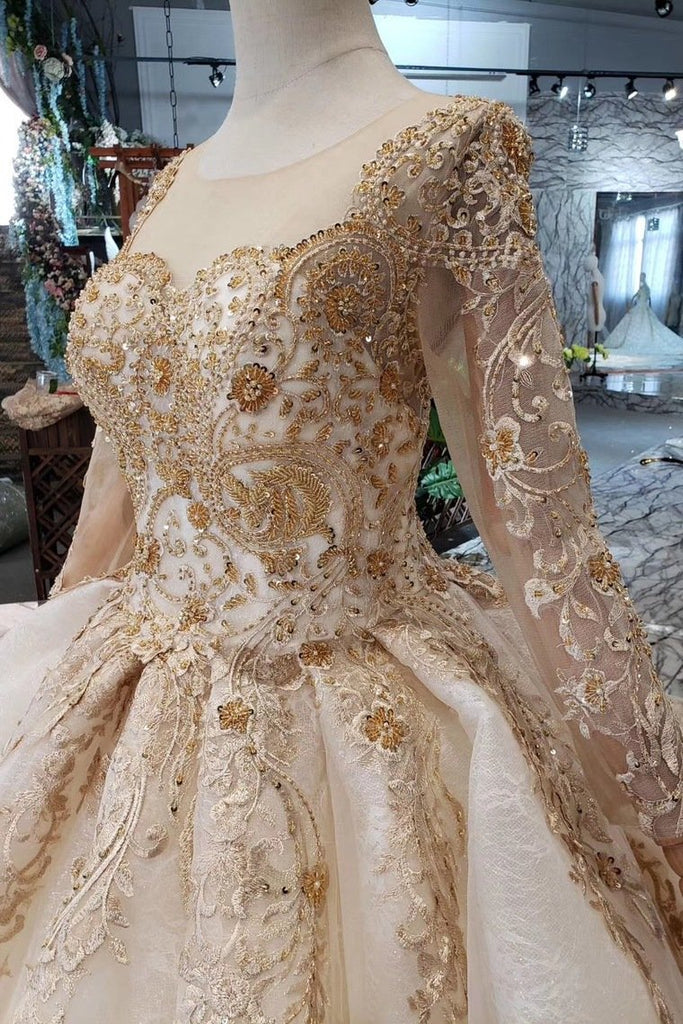 New Arrival Prom Dresses Long Sleeves Ball Gown Scoop With Applique Beads Lace Up Back DMK16