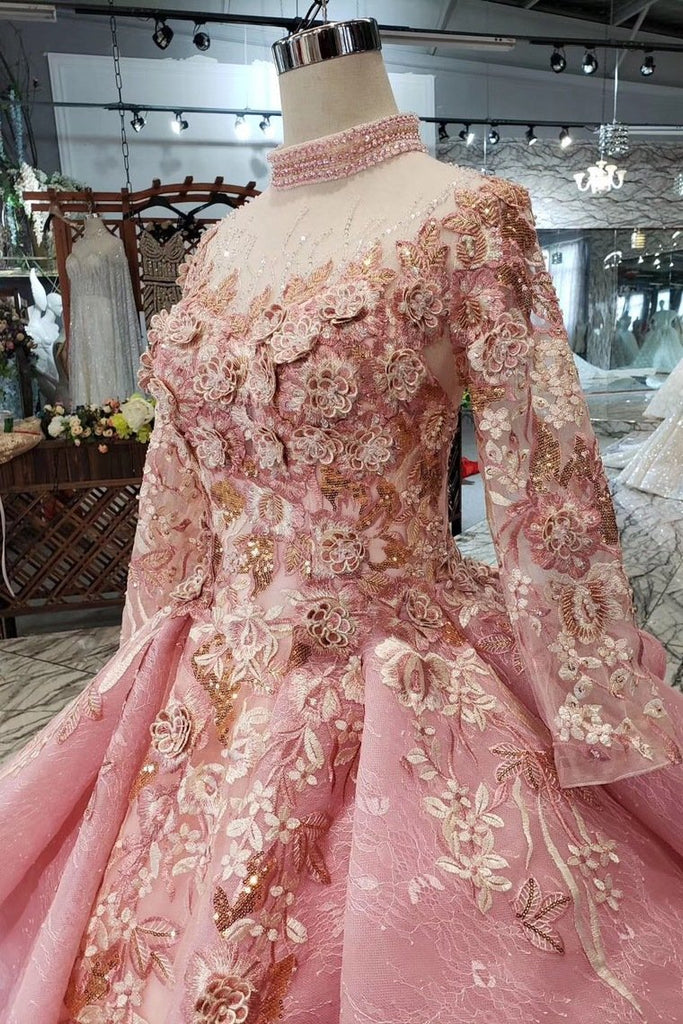 New Arrival Pink Prom Dresses Long Sleeves Ball Gown High Neck Quinceanera Dresses OKK17 Demodresses New Arrival Pink Prom Dresses Long Sleeves Ball Gown High Neck Quinceanera Dresses OKK17 Demodresses