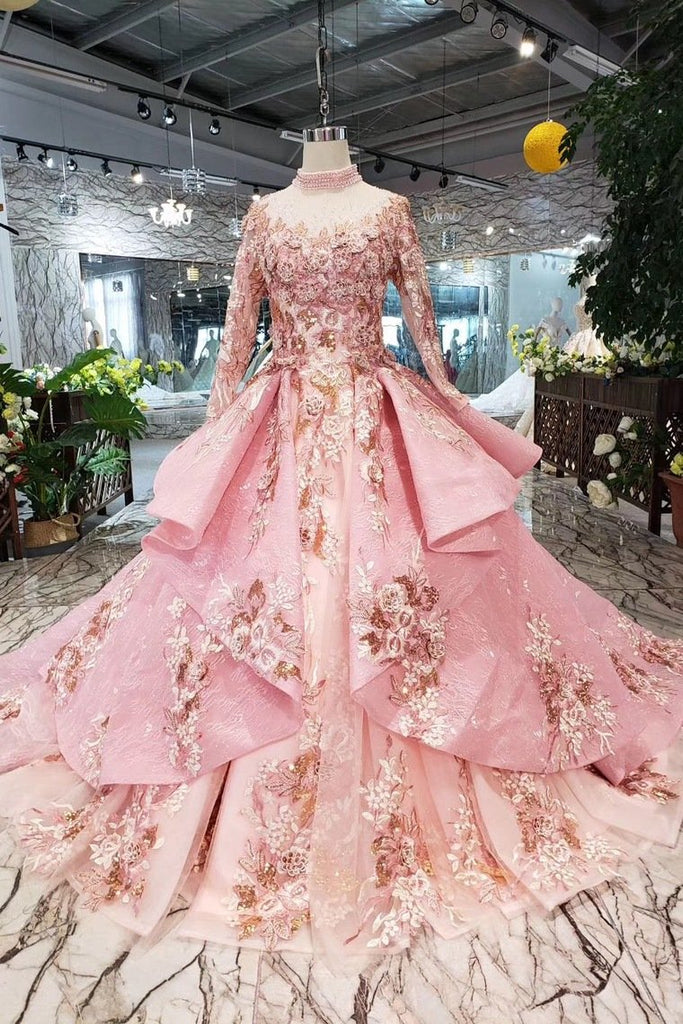 New Arrival Pink Prom Dresses Long Sleeves Ball Gown High Neck Quinceanera Dresses DMK17