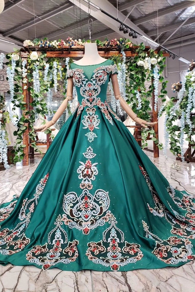New Arrival Prom Dresses Short Sleeves Green Ball Gown With Applique Beads DMK18