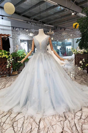 New Arrival Wedding Dresses V Neck Lace Up Back Beads Prom Dress Tulle DML17