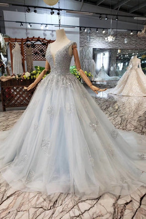 New Arrival Wedding Dresses V Neck Lace Up Back Beads Prom Dress Tulle DML17