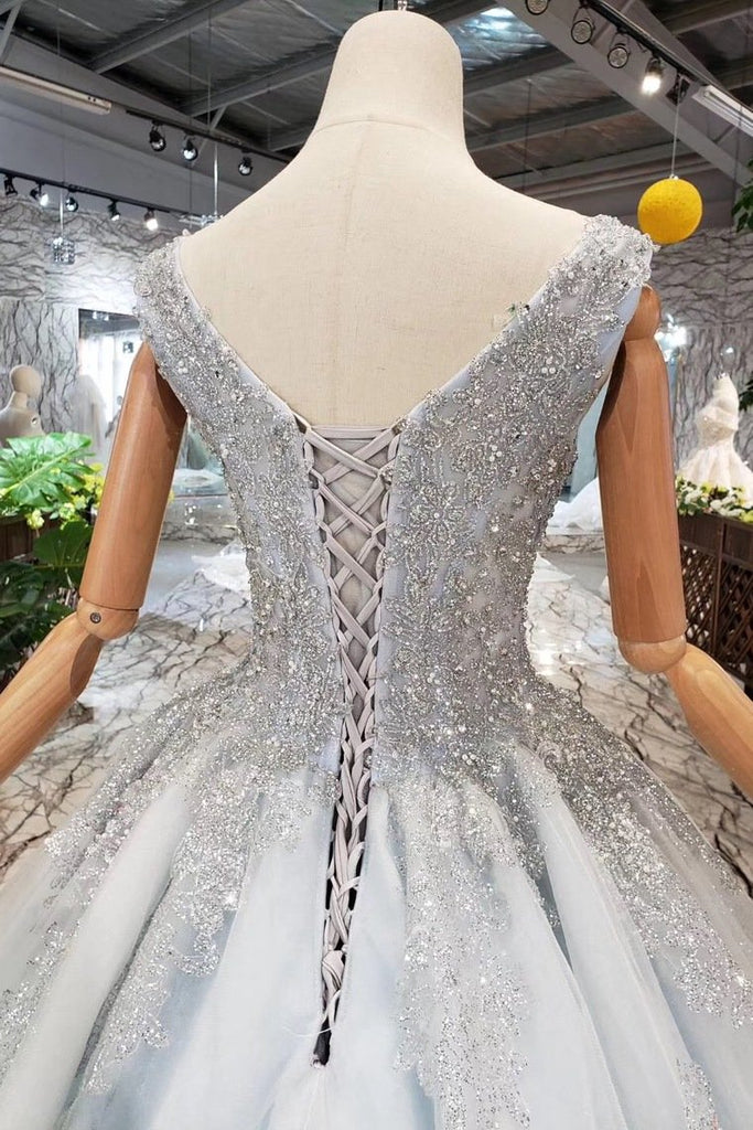 New Arrival Wedding Dresses V Neck Lace Up Back Beads Prom Dress Tulle DML17