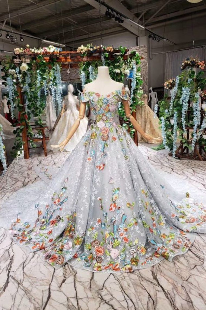 Princess Prom Dresses Off The Shoulder Lace Up Back Appliques Tulle DML18