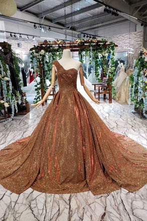Brown One Shoulder Lace Up Back Sequins Beads Prom Dresses DML19
