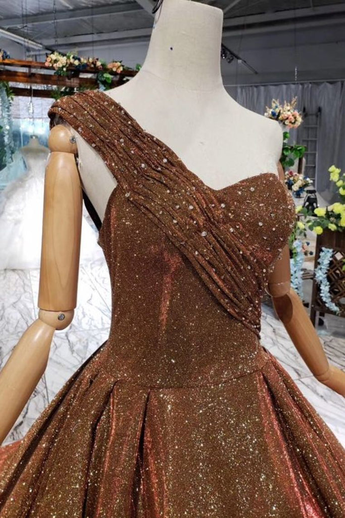 Brown One Shoulder Lace Up Back Sequins Beads Prom Dresses DML19