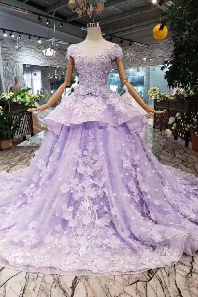 Lilac Short Sleeves Lace Up Back Appliques Tulle Princess Prom Dresses DML20