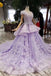 Lilac Short Sleeves Lace Up Back Appliques Tulle Princess Prom Dresses DML20