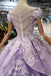 Lilac Short Sleeves Lace Up Back Appliques Tulle Princess Prom Dresses DML20