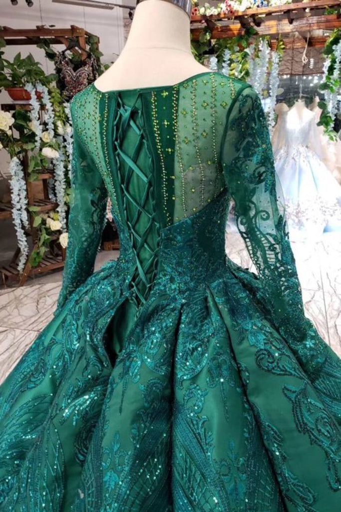 Scoop Long Sleeves Lace Up Back Green Prom Dresses DML21