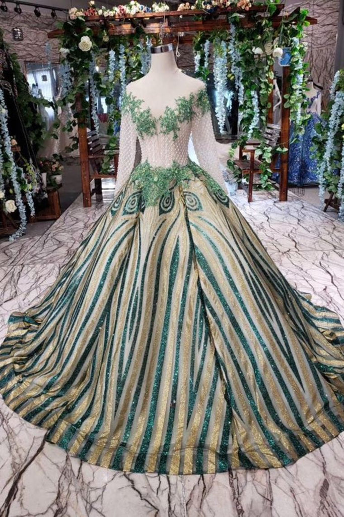 Elegant Scoop Long Sleeves Lace Up Back Sweep Train Prom Dresses DML22
