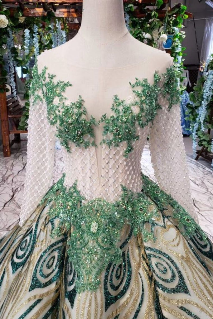 Elegant Scoop Long Sleeves Lace Up Back Sweep Train Prom Dresses DML22