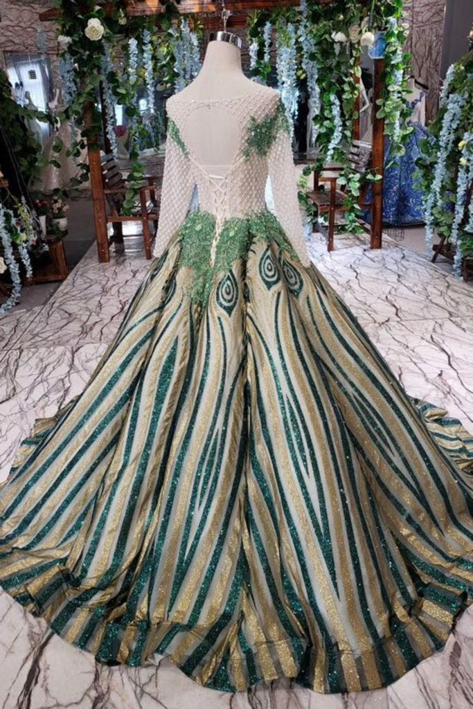 Elegant Scoop Long Sleeves Lace Up Back Sweep Train Prom Dresses DML22