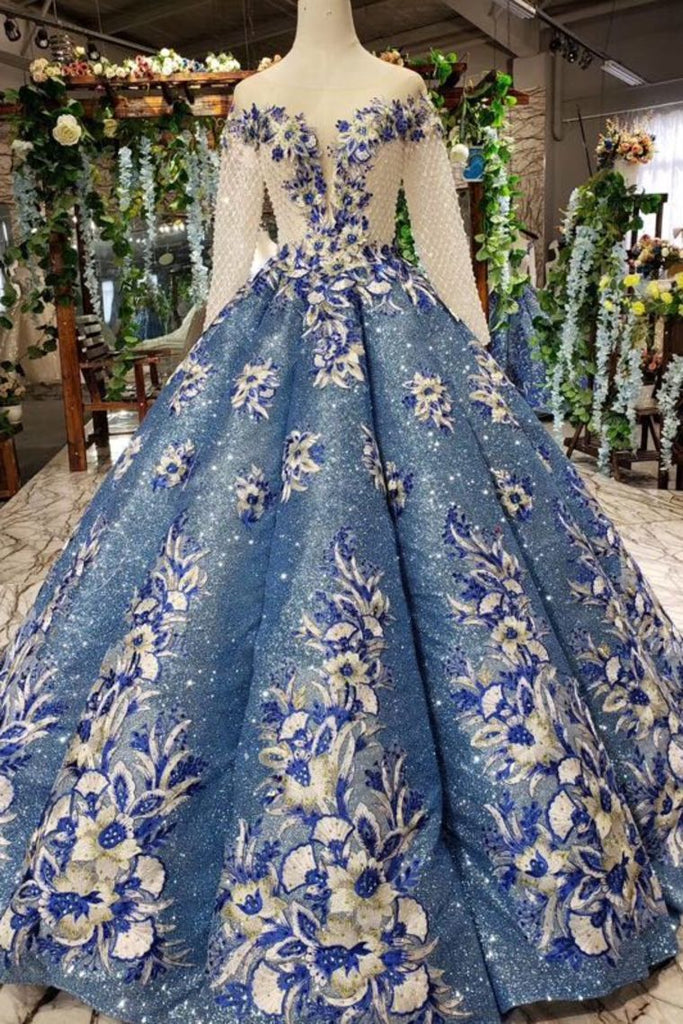Scoop Long Sleeves Lace Up Back Blue Appliques Prom Dresses DML23
