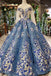 Scoop Long Sleeves Lace Up Back Blue Appliques Prom Dresses DML23