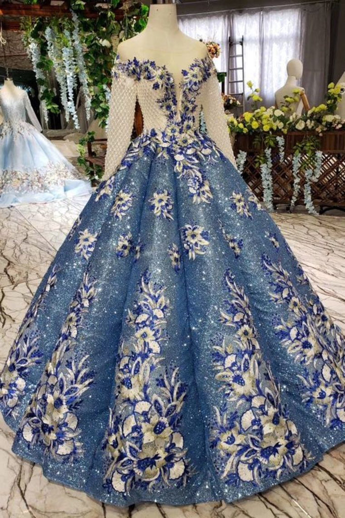Scoop Long Sleeves Lace Up Back Blue Appliques Prom Dresses DML23