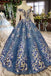 Scoop Long Sleeves Lace Up Back Blue Appliques Prom Dresses DML23