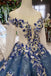 Scoop Long Sleeves Lace Up Back Blue Appliques Prom Dresses DML23