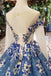 Scoop Long Sleeves Lace Up Back Blue Appliques Prom Dresses DML23