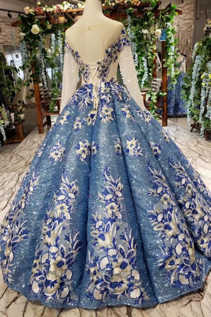 Scoop Long Sleeves Lace Up Back Blue Appliques Prom Dresses DML23