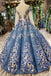 Scoop Long Sleeves Lace Up Back Blue Appliques Prom Dresses DML23