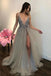 Long Backless Grey Sexy Prom Dresses with Slit Cheap Beaded Evening Gowns DMH62