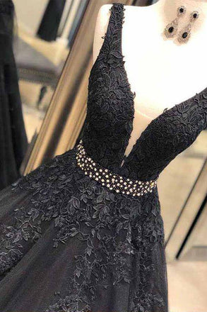 A Line Black Prom Dresses With Appliques, Formal Evening Dress DMJ58