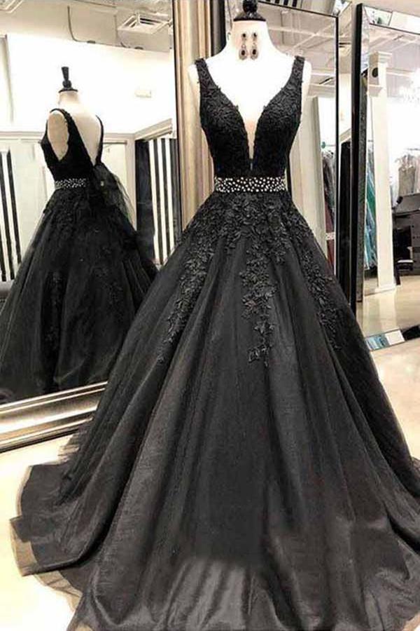 A Line Black Prom Dresses With Appliques, Formal Evening Dress DMJ58