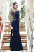 Sheath Long Sleeves Navy Blue Prom Dresses With Floral Embroidery DMJ65