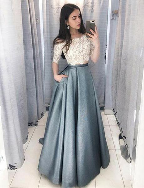 Two Piece Off the Shoulder Half Sleeves Prom Dress With Lace Top DMJ64