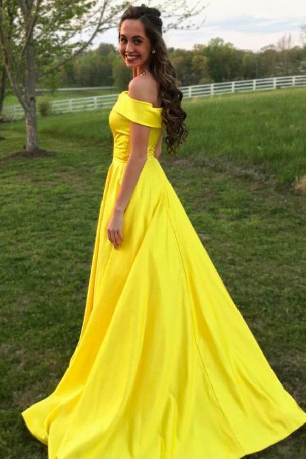 Yellow Off The Shoulder A Line Prom Dress,Long Evening Gown With Pockets DMJ67