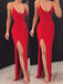 Sexy Mermaid Spaghetti Straps Red Side Slit Long Prom Dresses DMK5