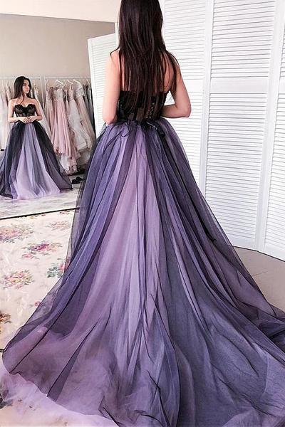 New Arrival Sweetheart Long Tulle Sleeveless Lilac Black Prom Dress with Appliques DMH42