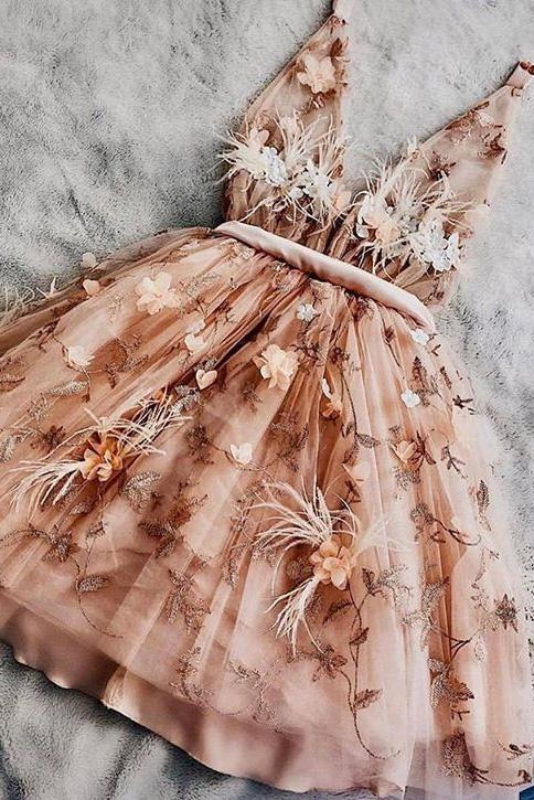 A-line V-neck Sleeveless Appliques Short Homecoming Dress With 3D Flowers DM1040