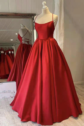 Red Satin Spaghetti Straps A Line Long Prom Dresses, Simple Formal Evening Gown DMP165
