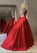 Red Satin Spaghetti Straps A Line Long Prom Dresses, Simple Formal Evening Gown DMP165