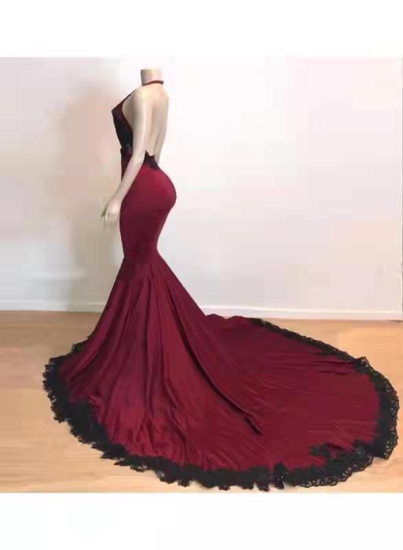 Stunning Burgundy Halter Deep V Neck Mermaid Prom Dresses with Lace DMP166