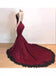 Stunning Burgundy Halter Deep V Neck Mermaid Prom Dresses with Lace DMP166