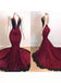 Stunning Burgundy Halter Deep V Neck Mermaid Prom Dresses with Lace DMP166