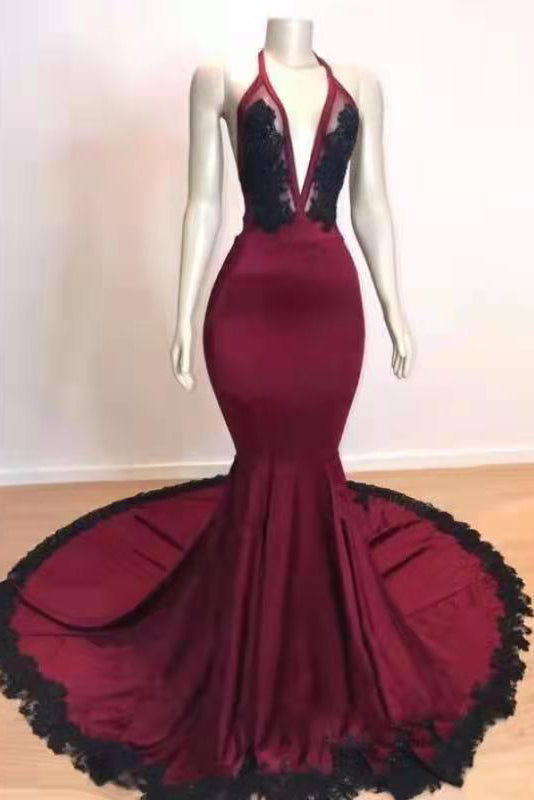 Stunning Burgundy Halter Deep V Neck Mermaid Prom Dresses with Lace DMP166