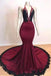 Stunning Burgundy Halter Deep V Neck Mermaid Prom Dresses with Lace DMP166